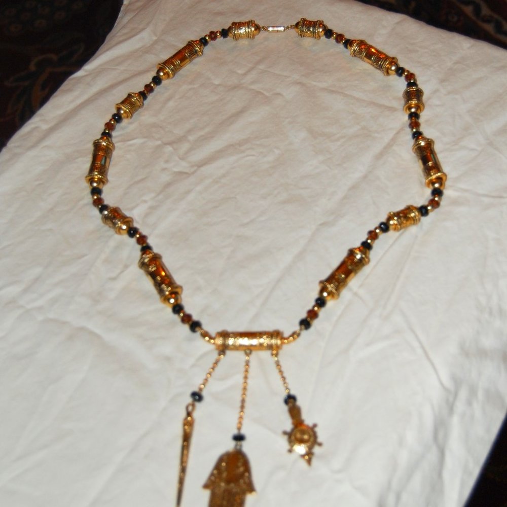 Gold Tone Necklace W/Cylinder Beads and Charms  21" Long